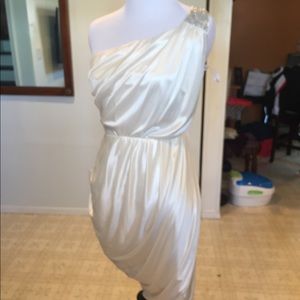 White satin sequined one-shoulder Arden. b dress.